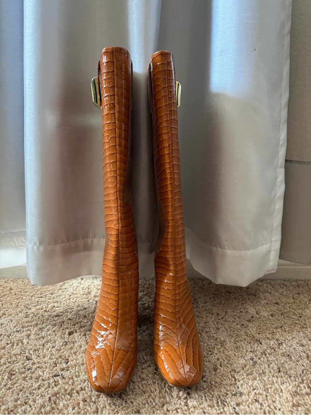 Katy Perry Collections Tall Croc-Embossed Over-the-Knee Boots in Cognac Brown